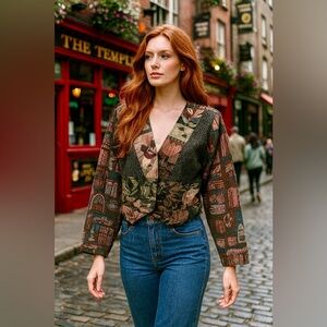 ✨ Vintage Villa Factory Tapestry Jacket – Cropped Boho Statement